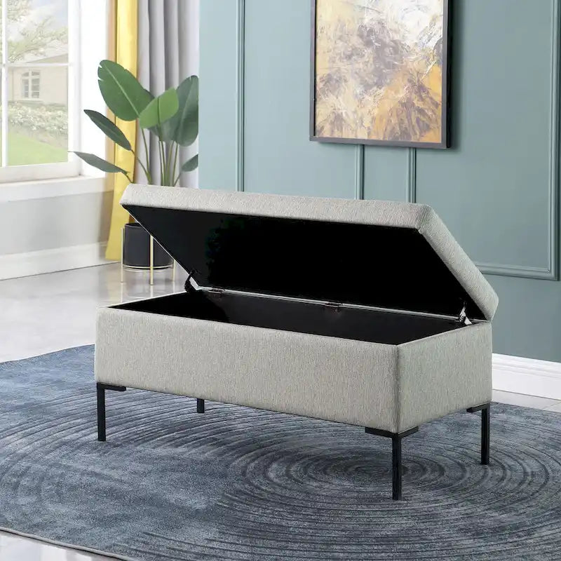Banc de rangement en tissu gris tressé et similicuir caramel avec pieds en métal noir – 2 places