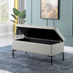 Banc de rangement en tissu gris tressé et similicuir caramel avec pieds en métal noir – 2 places