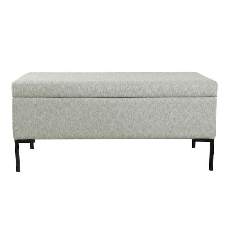 Banc de rangement en tissu gris tressé et similicuir caramel avec pieds en métal noir – 2 places