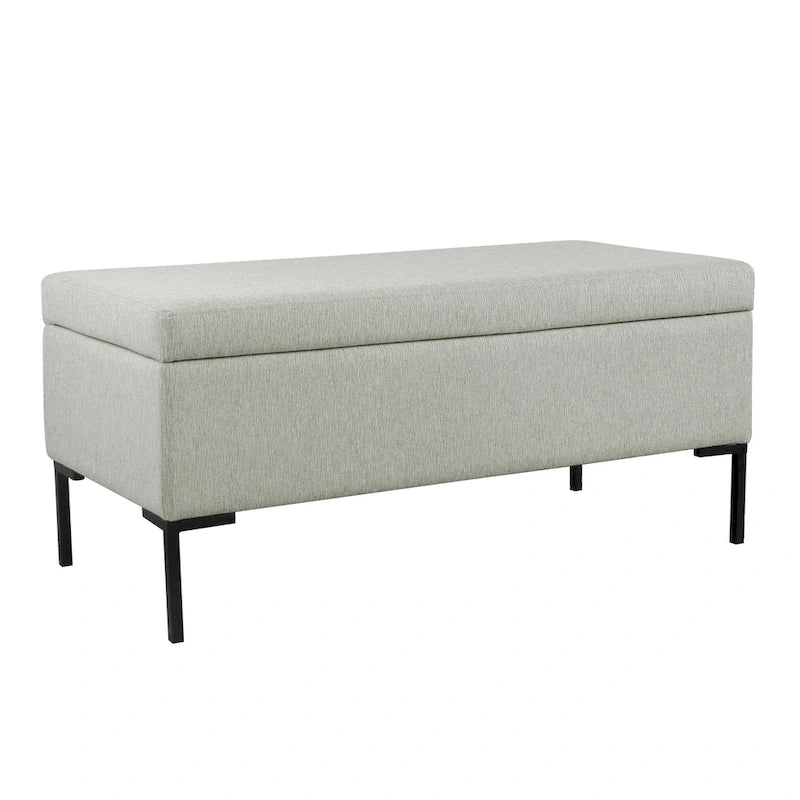 Banc de rangement en tissu gris tressé et similicuir caramel avec pieds en métal noir – 2 places