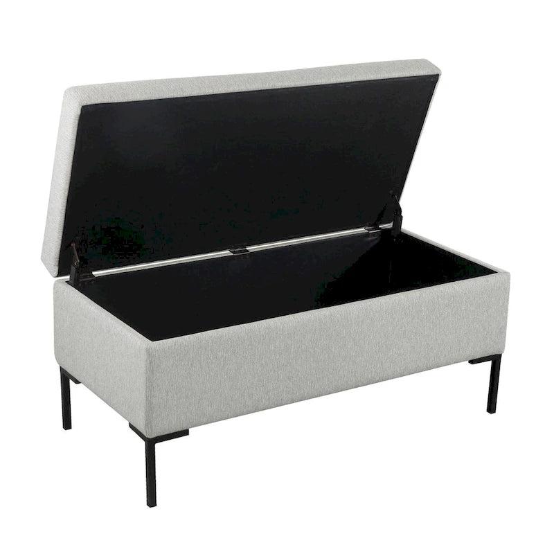Banc de rangement en tissu gris tressé et similicuir caramel avec pieds en métal noir – 2 places
