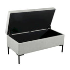 Banc de rangement en tissu gris tressé et similicuir caramel avec pieds en métal noir – 2 places
