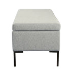 Banc de rangement en tissu gris tressé et similicuir caramel avec pieds en métal noir – 2 places