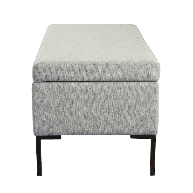 Banc de rangement en tissu gris tressé et similicuir caramel avec pieds en métal noir – 2 places