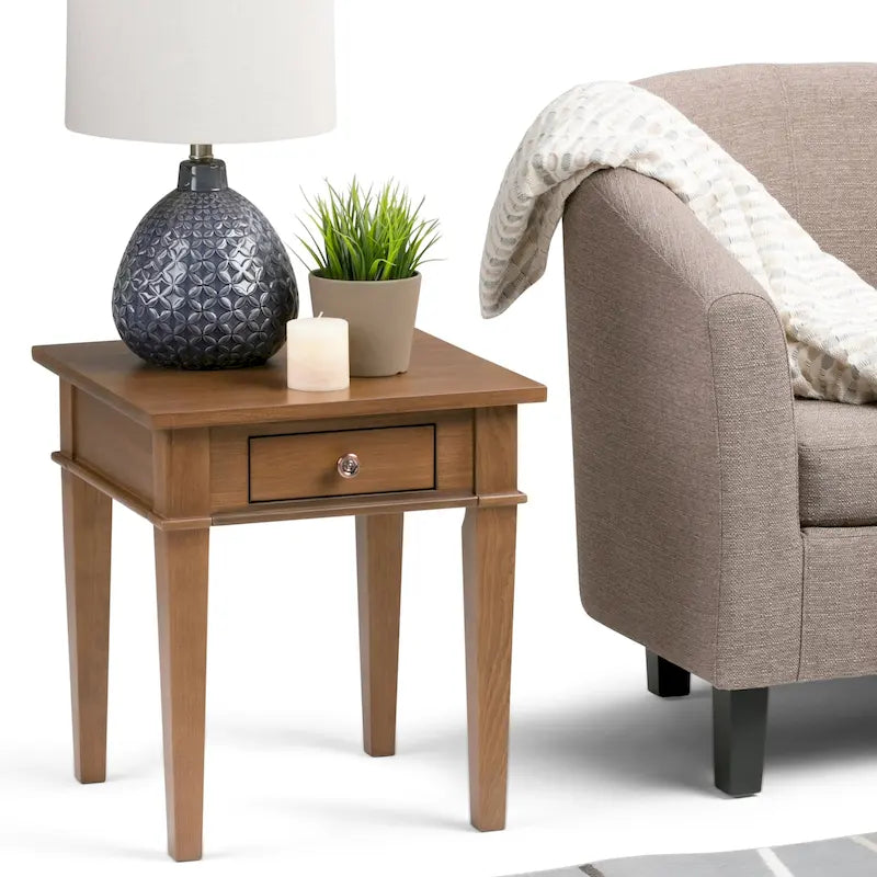 Table d'appoint carrée en bois avec tiroir, gris ferme/marron selle/marron tabac – Usage unique