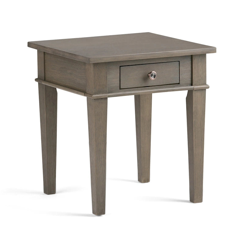 Table d'appoint carrée en bois avec tiroir, gris ferme/marron selle/marron tabac – Usage unique