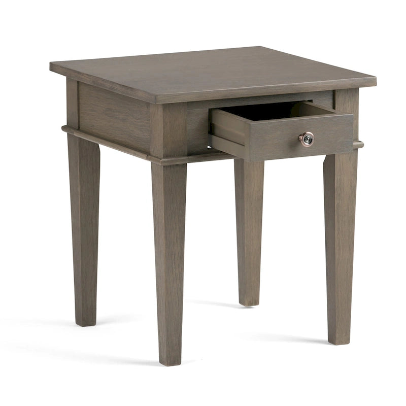 Table d'appoint carrée en bois avec tiroir, gris ferme/marron selle/marron tabac – Usage unique