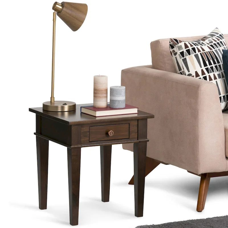 Table d'appoint carrée en bois avec tiroir, gris ferme/marron selle/marron tabac – Usage unique