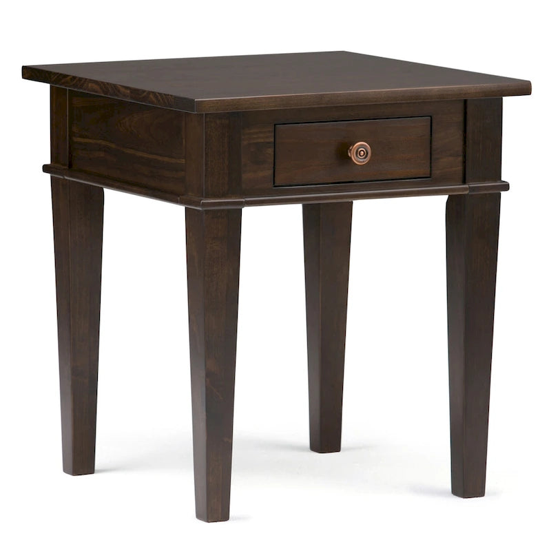 Table d'appoint carrée en bois avec tiroir, gris ferme/marron selle/marron tabac – Usage unique