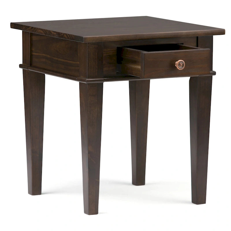 Table d'appoint carrée en bois avec tiroir, gris ferme/marron selle/marron tabac – Usage unique