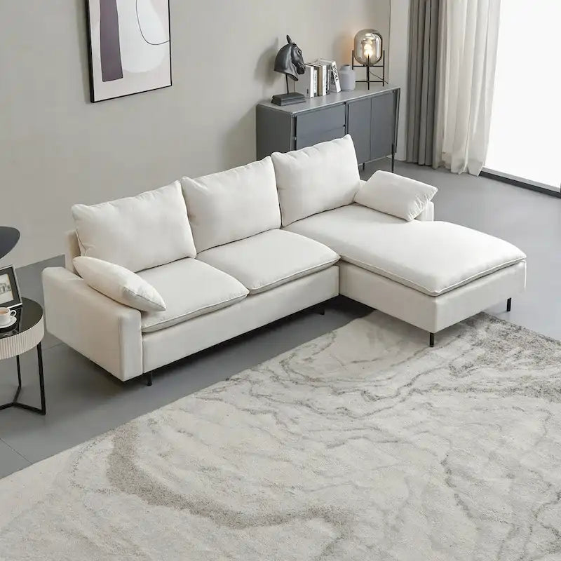 Canapé d'angle en lin beige avec méridienne, 3-4 places