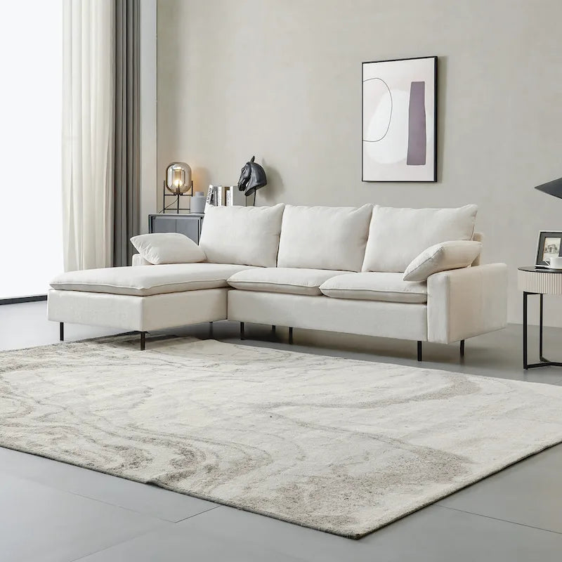 Canapé d'angle en lin beige avec méridienne, 3-4 places