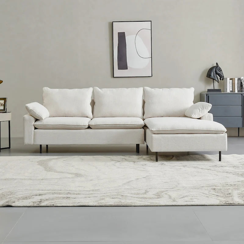 Canapé d'angle en lin beige avec méridienne, 3-4 places