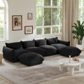 Canapé sectionnel en U en chenille noir / beige / orange / vert, 4 places avec 2 poufs