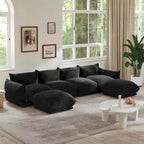 Canapé sectionnel en U en chenille noir / beige / orange / vert, 4 places avec 2 poufs