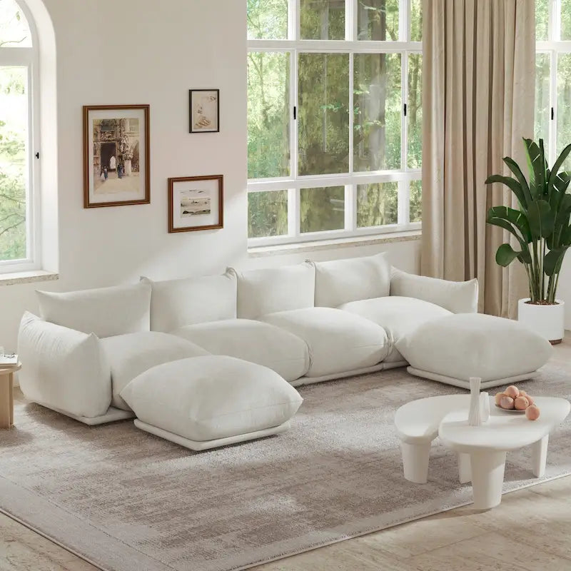 Canapé sectionnel en U en chenille noir / beige / orange / vert, 4 places avec 2 poufs