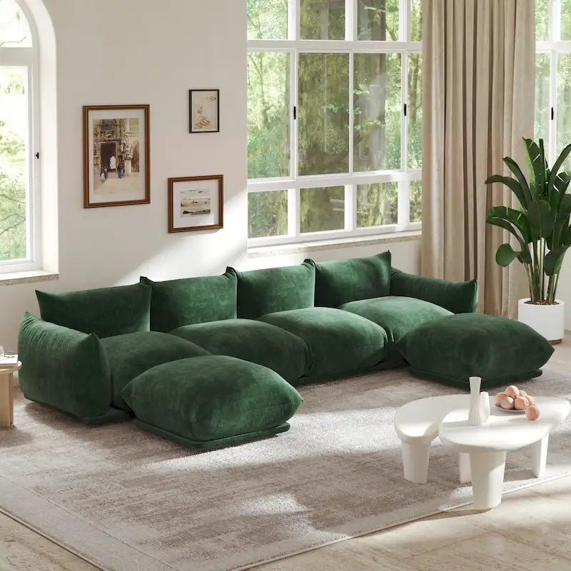 Canapé sectionnel en U en chenille noir / beige / orange / vert, 4 places avec 2 poufs