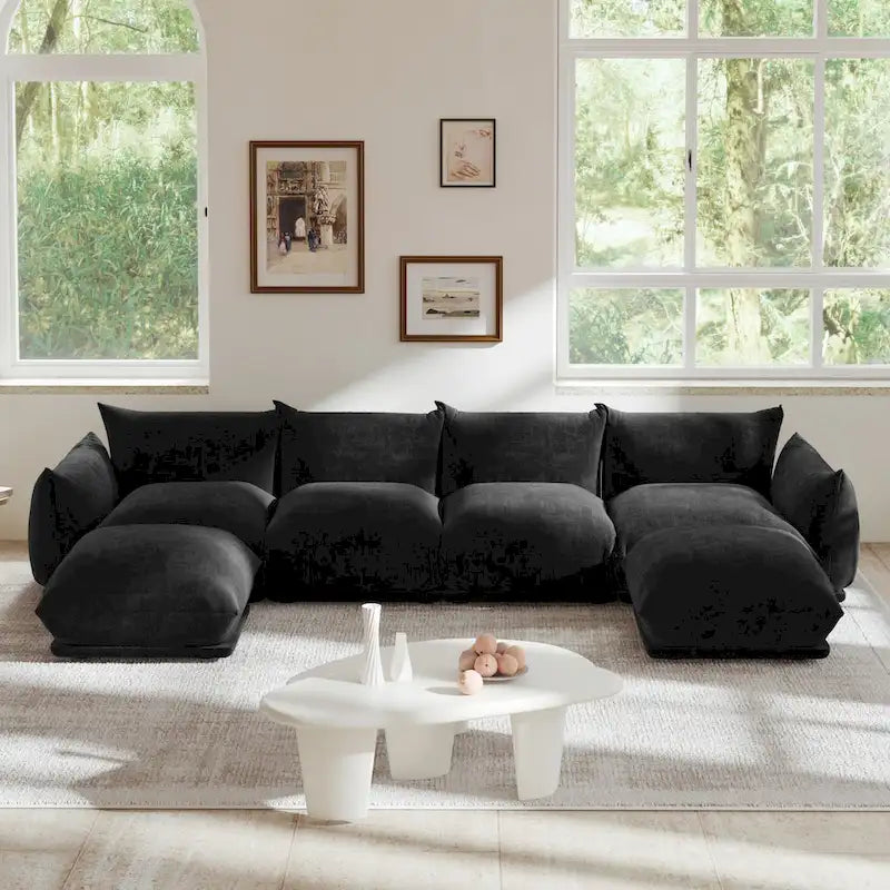 Canapé sectionnel en U en chenille noir / beige / orange / vert, 4 places avec 2 poufs
