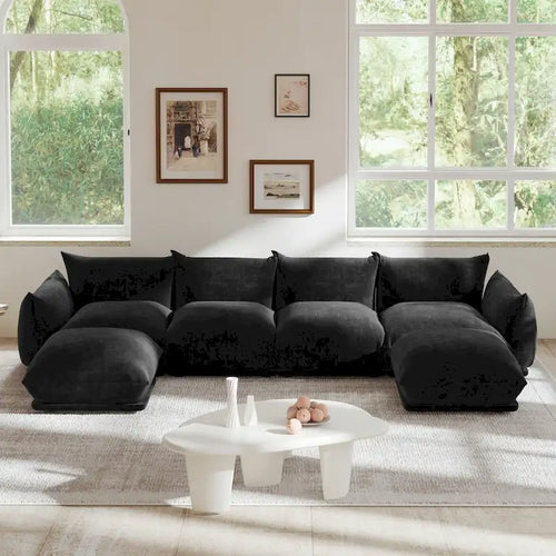 Canapé sectionnel en U en chenille noir / beige / orange / vert, 4 places avec 2 poufs