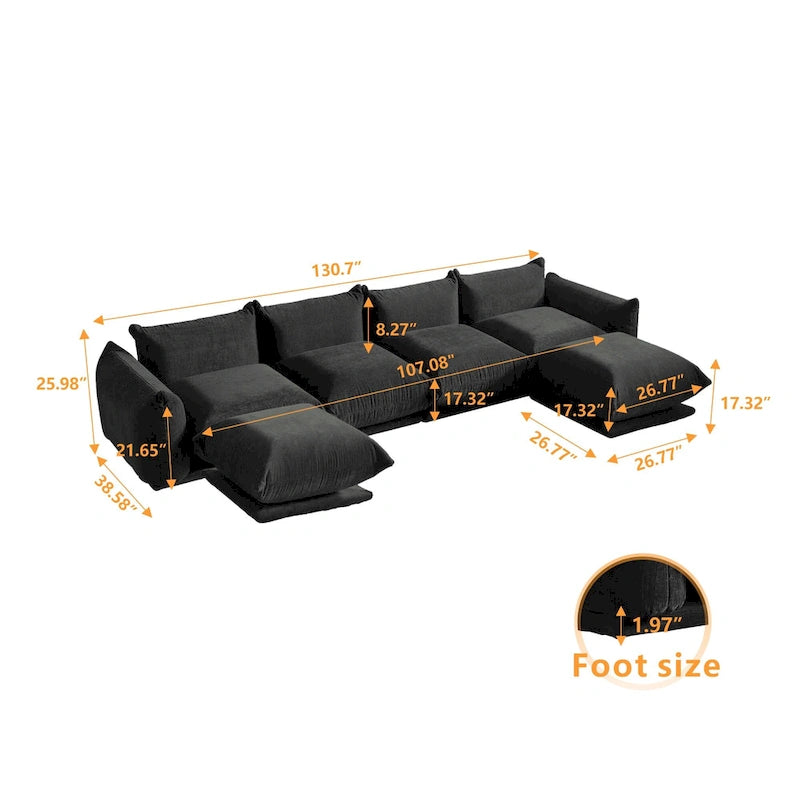 Canapé sectionnel en U en chenille noir / beige / orange / vert, 4 places avec 2 poufs