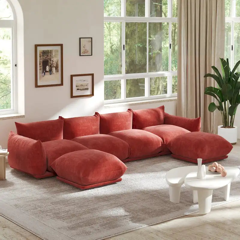 Canapé sectionnel en U en chenille noir / beige / orange / vert, 4 places avec 2 poufs