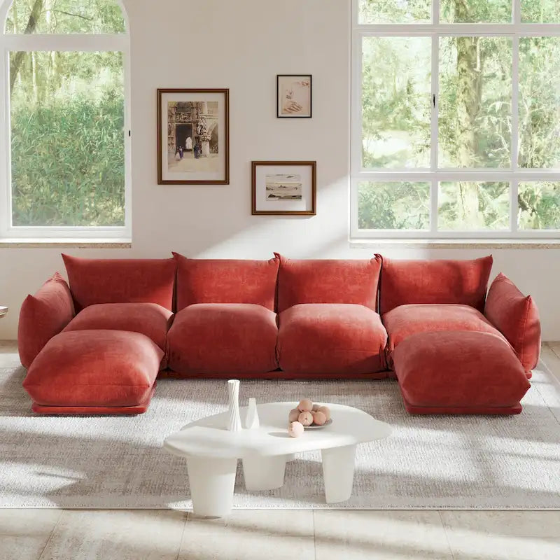 Canapé sectionnel en U en chenille noir / beige / orange / vert, 4 places avec 2 poufs