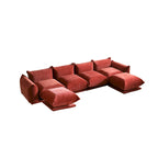 Canapé sectionnel en U en chenille noir / beige / orange / vert, 4 places avec 2 poufs