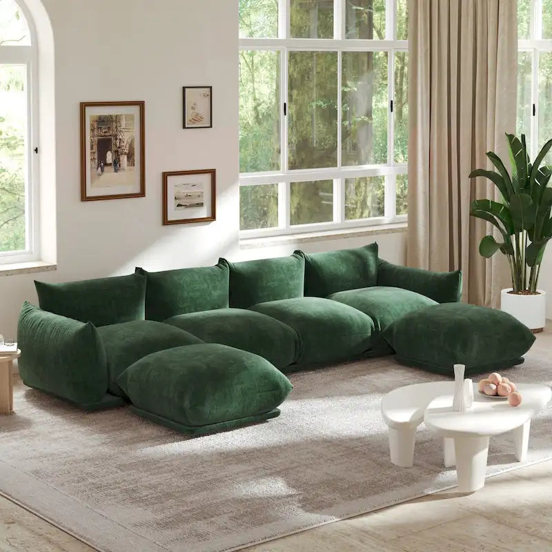 Canapé sectionnel en U en chenille noir / beige / orange / vert, 4 places avec 2 poufs