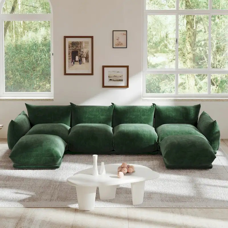 Canapé sectionnel en U en chenille noir / beige / orange / vert, 4 places avec 2 poufs