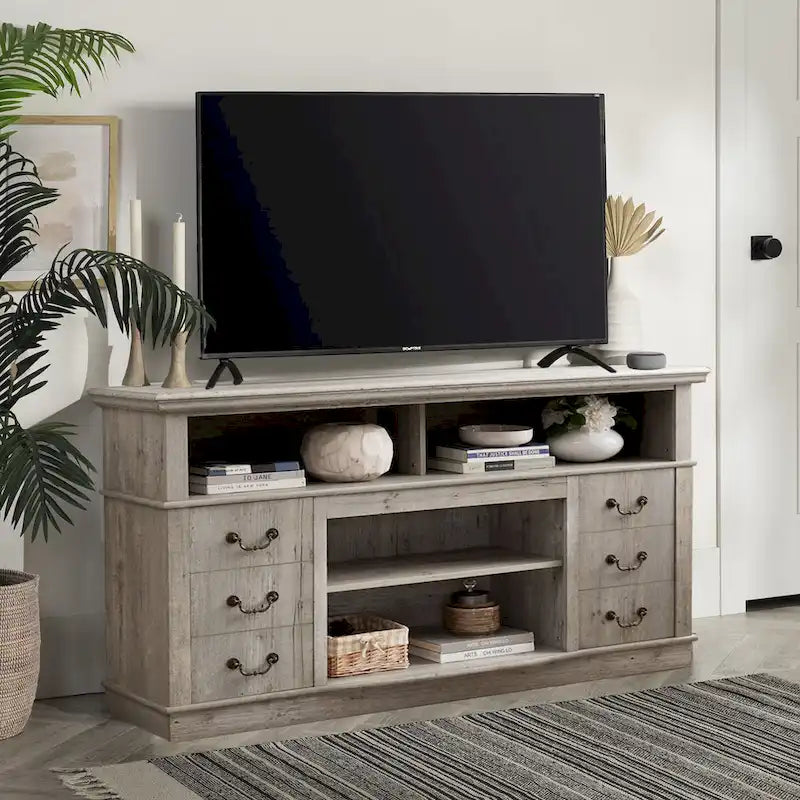 Meuble TV 60", Espresso/Gris, 2 Portes et Étagères Ouvertes, Convient aux TV jusqu'à 65", Montage 1 à 2 personnes