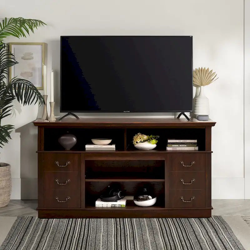 Meuble TV 60", Espresso/Gris, 2 Portes et Étagères Ouvertes, Convient aux TV jusqu'à 65", Montage 1 à 2 personnes