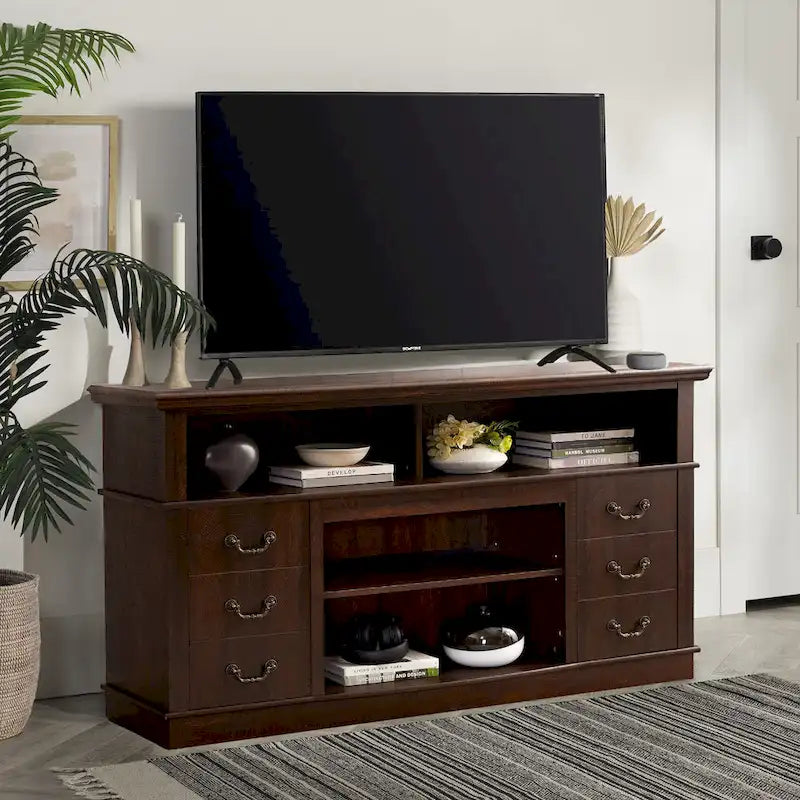 Meuble TV 60", Espresso/Gris, 2 Portes et Étagères Ouvertes, Convient aux TV jusqu'à 65", Montage 1 à 2 personnes