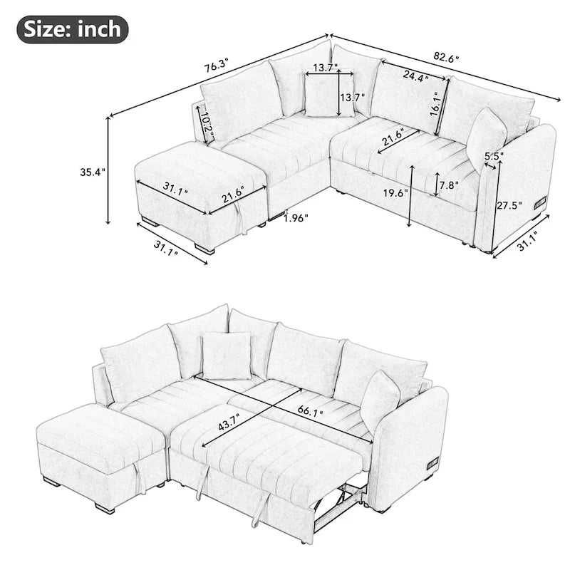 Canapé-lit d'angle escamotable de 210 cm avec ottoman, beige, 3 à 4 places