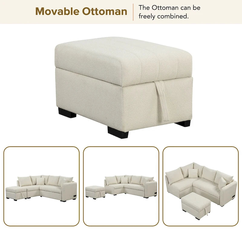 Canapé-lit d'angle escamotable de 210 cm avec ottoman, beige, 3 à 4 places