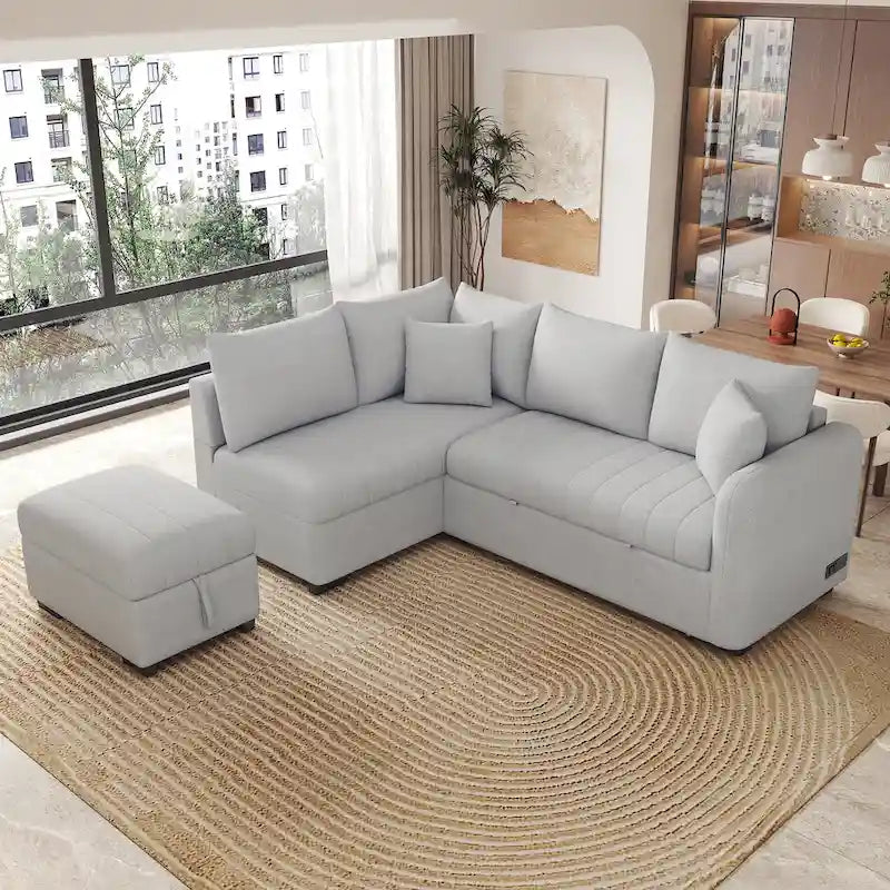 Canapé-lit d'angle escamotable de 210 cm avec ottoman, beige, 3 à 4 places