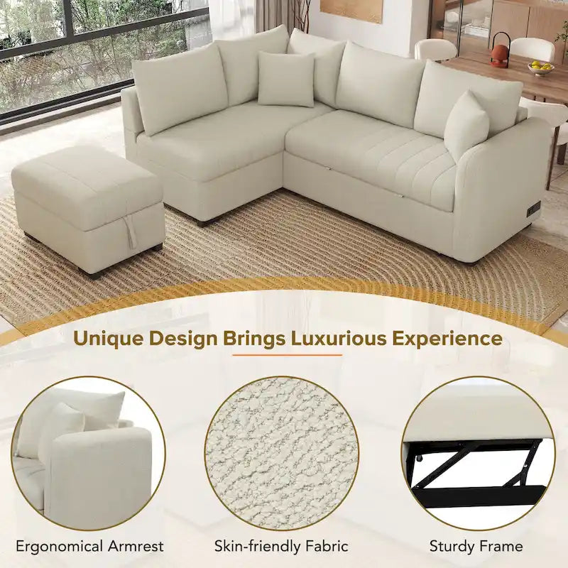 Canapé-lit d'angle escamotable de 210 cm avec ottoman, beige, 3 à 4 places