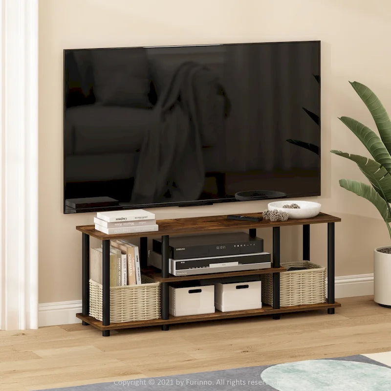 Meuble TV ouvert à 3 niveaux Ambre Pin/Noir & Blanc, assemblage par 1 personne