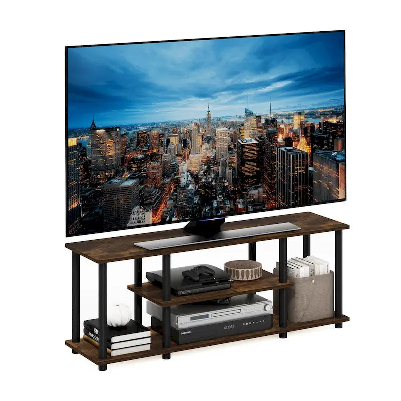 Meuble TV ouvert à 3 niveaux Ambre Pin/Noir & Blanc, assemblage par 1 personne