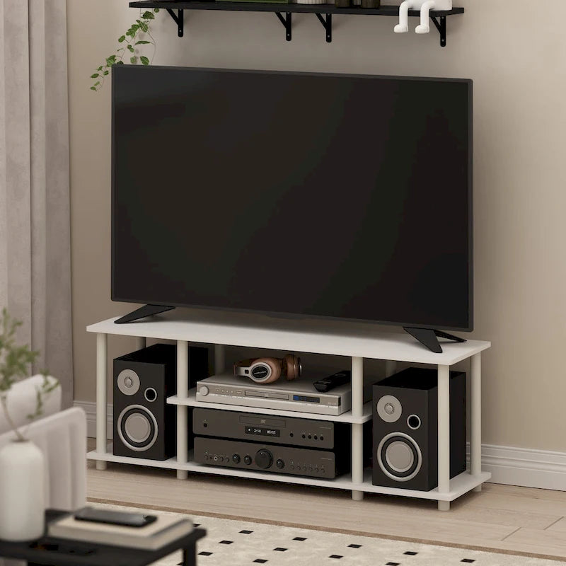 Meuble TV ouvert à 3 niveaux Ambre Pin/Noir & Blanc, assemblage par 1 personne