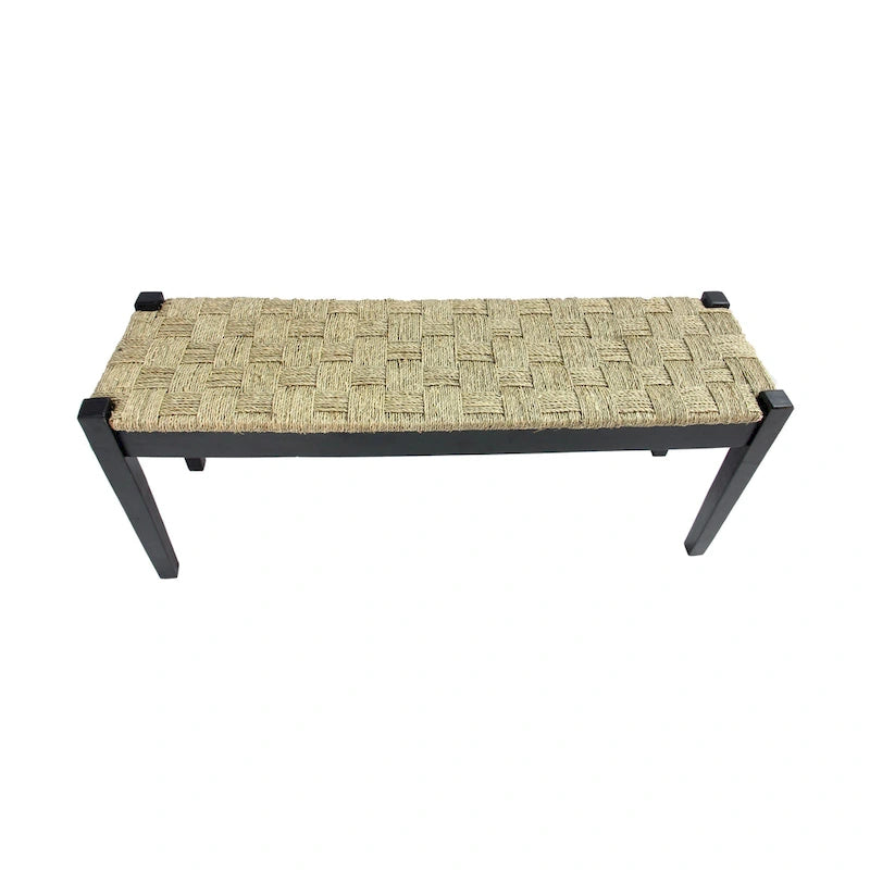 Banc en jonc de mer tressé noir, pieds en bois massif, 1 place