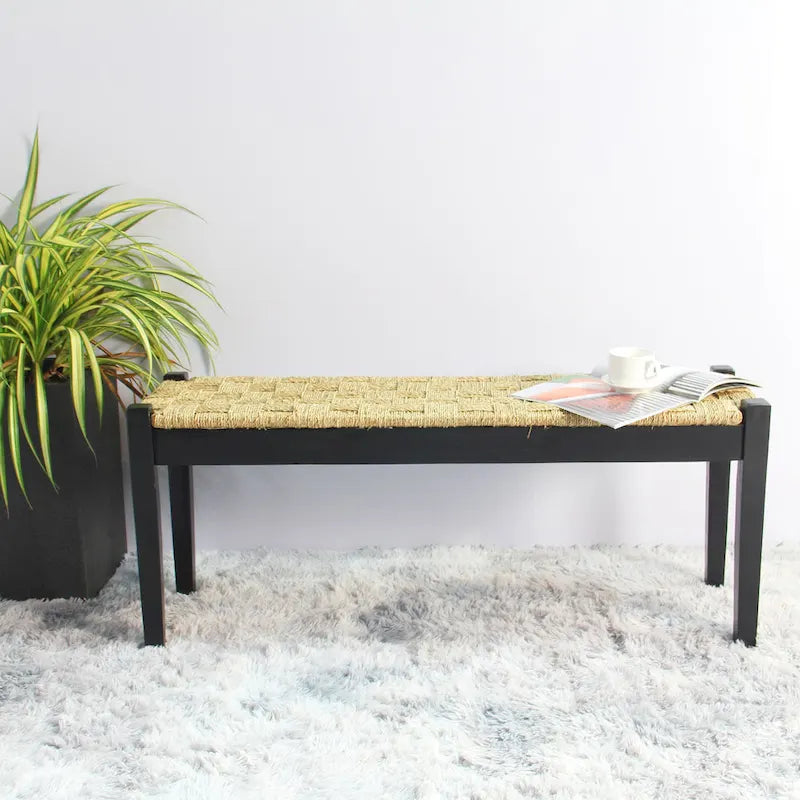 Banc en jonc de mer tressé noir, pieds en bois massif, 1 place