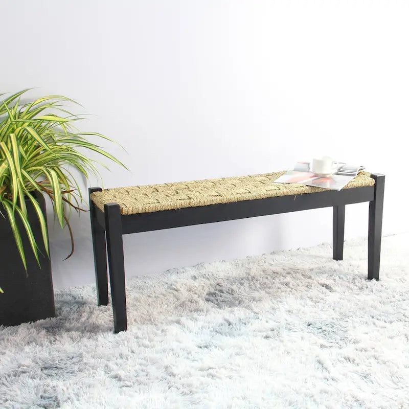 Banc en jonc de mer tressé noir, pieds en bois massif, 1 place
