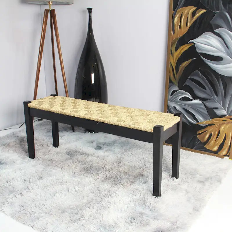 Banc en jonc de mer tressé noir, pieds en bois massif, 1 place