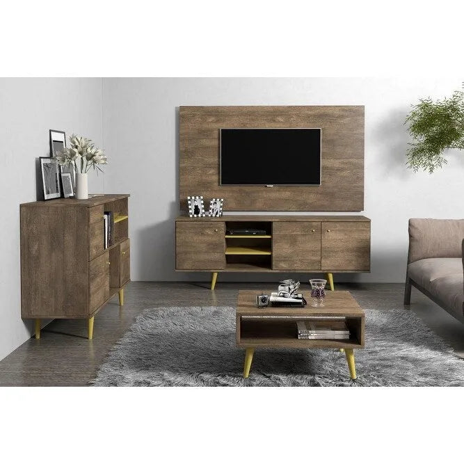 Meuble TV flottant marron et blanc, à fixer au mur, pour téléviseurs jusqu'à 70 pouces