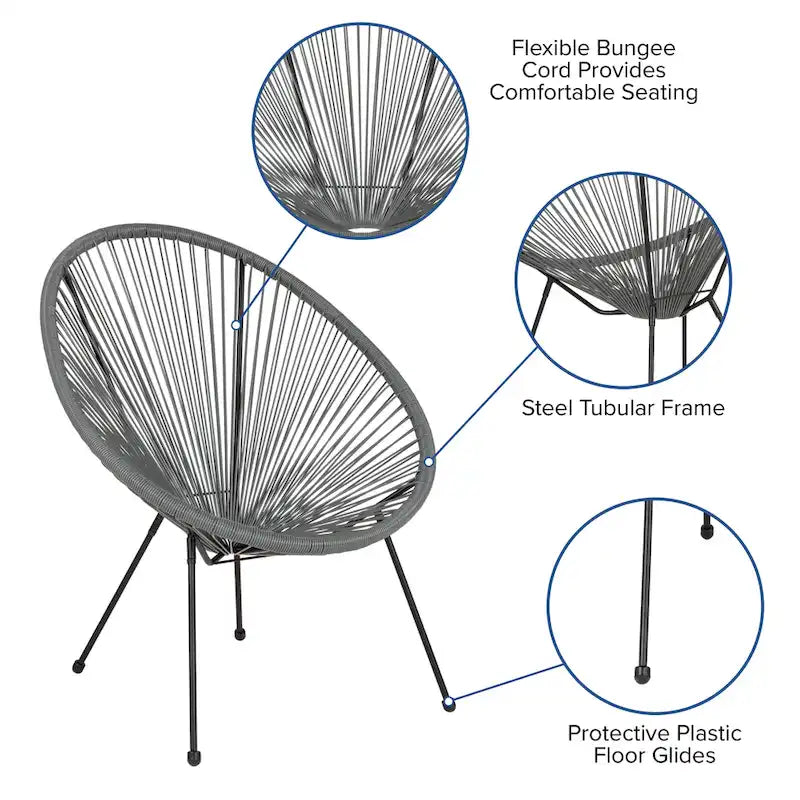 Fauteuil de salon Papasan ovale avec cordons élastiques – Simple, rotin et acier (noir/gris/rouge/blanc)