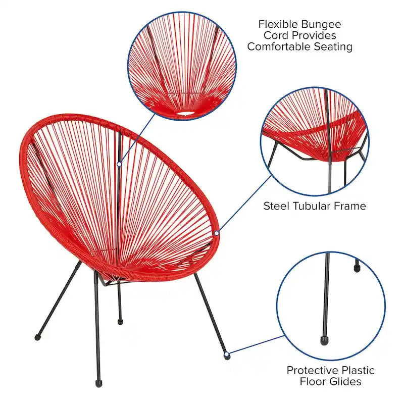 Fauteuil de salon Papasan ovale avec cordons élastiques – Simple, rotin et acier (noir/gris/rouge/blanc)