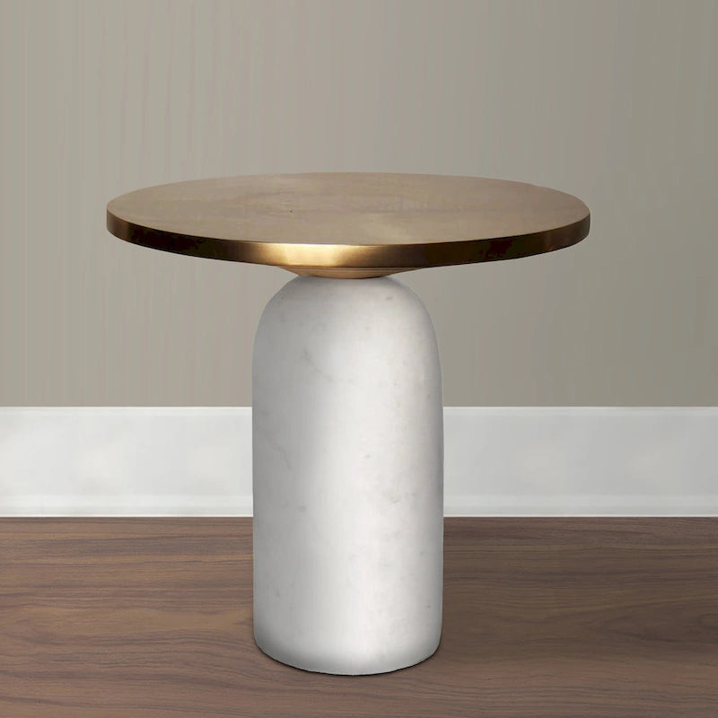 Table d'appoint ronde Accent, Laiton et Blanc, Plateau en aluminium avec base en marbre