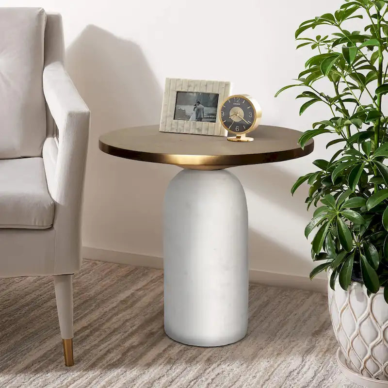 Table d'appoint ronde Accent, Laiton et Blanc, Plateau en aluminium avec base en marbre