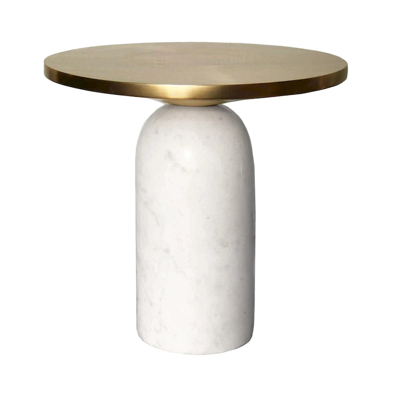 Table d'appoint ronde Accent, Laiton et Blanc, Plateau en aluminium avec base en marbre