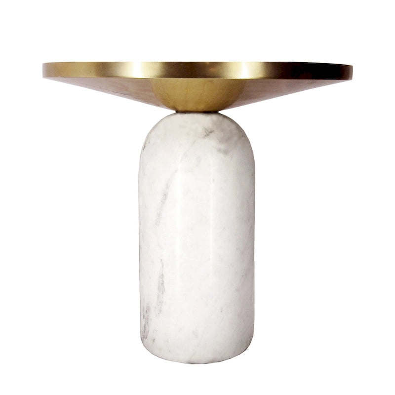 Table d'appoint ronde Accent, Laiton et Blanc, Plateau en aluminium avec base en marbre